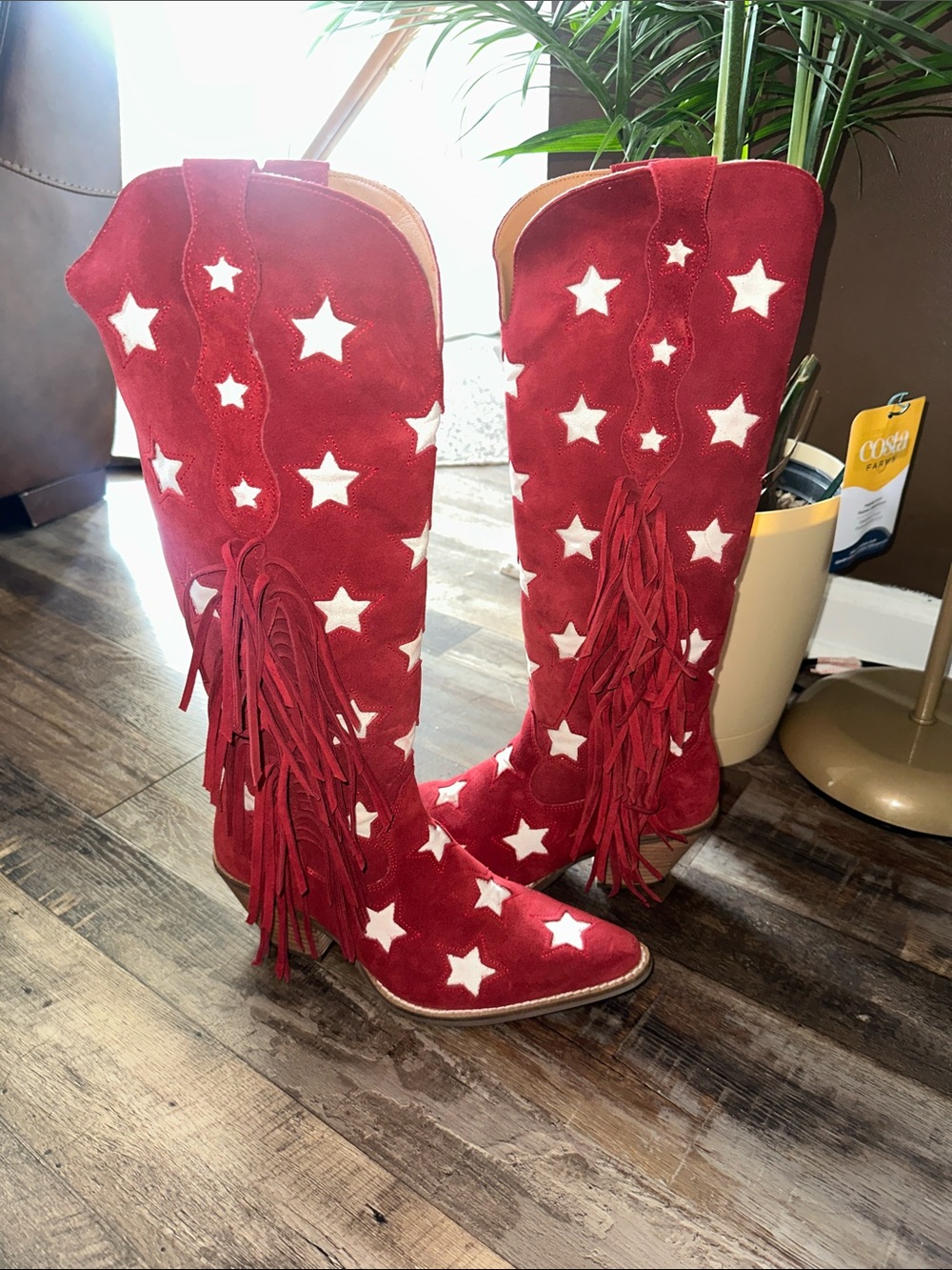 Red Suede Over-the-Knee Star Embroidered Boots with Fringe - Picture 5 of 8